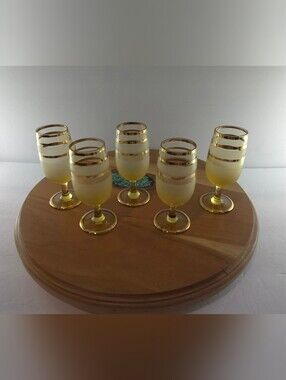 Vintage Mid-Century Modern Frosted Gold Striped Cordial, Glasses Set Of 5